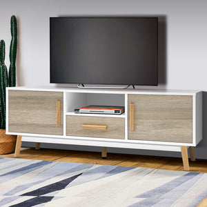 Two Tone Entertainment Unit TV Stand Cabinet Cupboard - White & Wood - Afterpay - Zip Pay - Dodosales -
