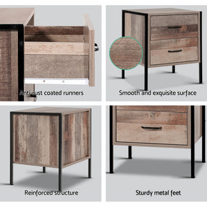 Industrial Look Bedside Table Drawers Nightstand Metal Oak Side Table - Dodosales