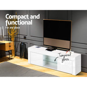 130cm High Gloss Front TV Stand Entertainment Unit Storage Cabinet Tempered Glass Shelf White - Dodosales