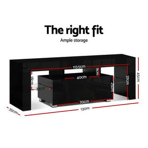 130cm High Gloss Front TV Stand Entertainment Unit RGB LED Storage Cabinet Tempered Glass Shelf Black - Dodosales