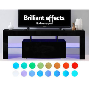 130cm High Gloss Front TV Stand Entertainment Unit RGB LED Storage Cabinet Tempered Glass Shelf Black - Dodosales