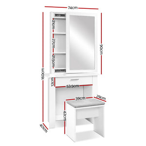 Bedroom Dressing Table with Mirror And Padded Embroidered Stool Jewellery Cabinet White - Dodosales