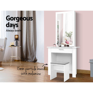 Bedroom Dressing Table with Mirror And Padded Embroidered Stool Jewellery Cabinet White - Dodosales