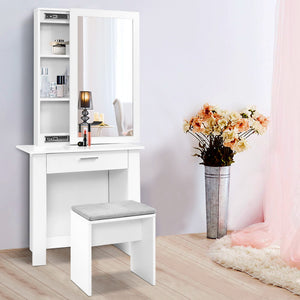 Bedroom Dressing Table with Mirror And Padded Embroidered Stool Jewellery Cabinet White - Dodosales