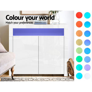 Buffet Sideboard Cabinet LED Storage Cupboard Unit 2 High Gloss Doors White - Dodosales