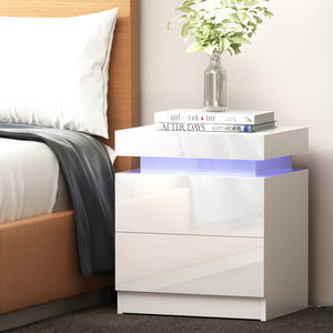 High Gloss Bedside Table Drawers RGB LED Nightstand White