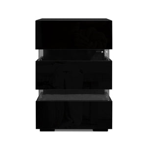 High Gloss Front Bedside Table Nightstand 3 Drawers RGB LED Black - Dodosales