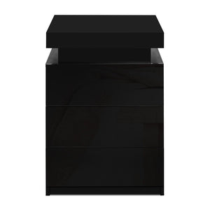 High Gloss Bedside Table Drawers RGB LED Nightstand 3 Drawers Black - Dodosales