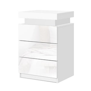High Gloss Bedside Table Drawers RGB LED Nightstand 3 Drawers White - Dodosales