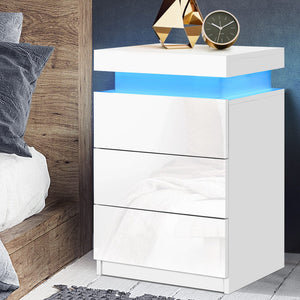 High Gloss Bedside Table Drawers RGB LED Nightstand 3 Drawers White - Dodosales
