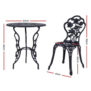 Black Bistro 3PC Outdoor Setting Cast Aluminium Garden Table Chair Patio - Dodosales