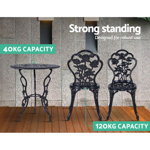 Black Bistro 3PC Outdoor Setting Cast Aluminium Garden Table Chair Patio - Dodosales