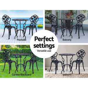 Black Bistro 3PC Outdoor Setting Cast Aluminium Garden Table Chair Patio - Dodosales