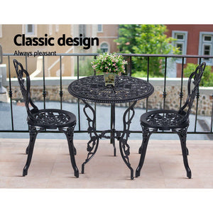 Black Bistro 3PC Outdoor Setting Cast Aluminium Garden Table Chair Patio - Dodosales