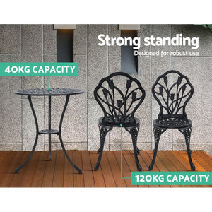 Garden 3PC Outdoor Setting Cast Aluminium Bistro Table Chair Patio Black - Dodosales