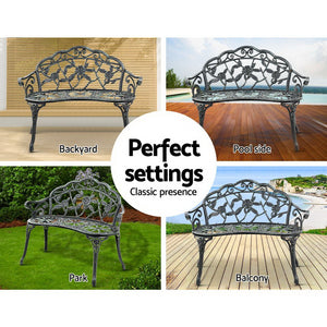 z Vintage Style Garden Bench Fer Forge French Wrought Iron Look Seat Green - Dodosales