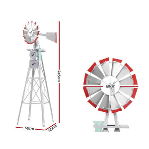 8FT Garden Windmill 245cm Metal Ornament Outdoor Decor Wind Mill Rain Gauge Thermometer - Dodosales