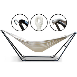 z Large Hammock Bed with Steel Frame Stand Cotton Fabric Sleep Seat Outdoors Free Standing - Dodosales