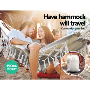 Hanging Hammock Swing Bed Tassel Portable Camping Tree Strap Cream - Dodosales