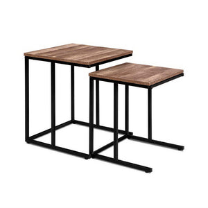 Set of 2 Nesting Tables Coffee Side Metal Frame Wooden Rustic Table - Dodosales