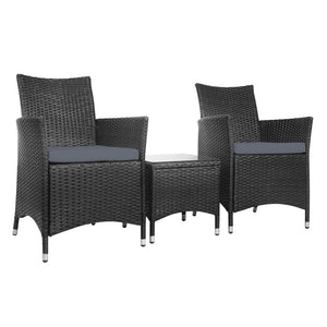 3 Piece Wicker Outdoor Furniture Set  Chair Armchair Side Table - Black - Dodosales
