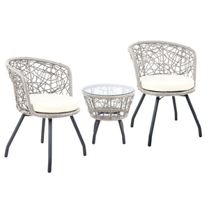 Outdoor Patio Chair and Table Bistro Set 3 Pc Round Rattan Chairs Table Grey - Dodosales