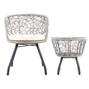 Outdoor Patio Chair and Table Bistro Set 3 Pc Round Rattan Chairs Table Grey - Dodosales