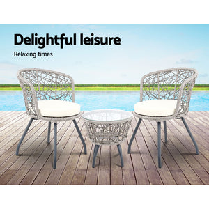 Outdoor Patio Chair and Table Bistro Set 3 Pc Round Rattan Chairs Table Grey - Dodosales