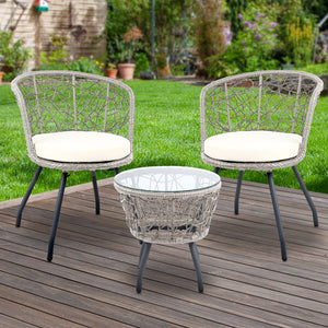 Outdoor Patio Chair and Table Bistro Set 3 Pc Round Rattan Chairs Table Grey - Dodosales