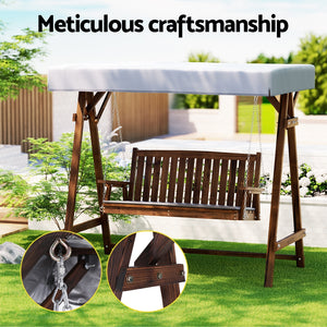 Outdoor 3 Seater Swinging Chair Loveseat Canopy Shade Wooden Swing Seat Charcoal