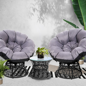 Papasan Moon Chair and Side Table Set Wicker Seat Patio Garden - Black - Dodosales