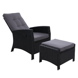 Wicker Patio Recliner Armchair Ottoman Sun lounge Chair Furniture Outdoor Garden Black - Dodosales
