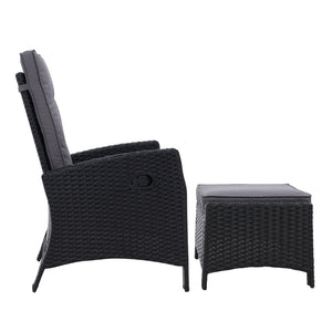 Wicker Patio Recliner Armchair Ottoman Sun lounge Chair Furniture Outdoor Garden Black - Dodosales