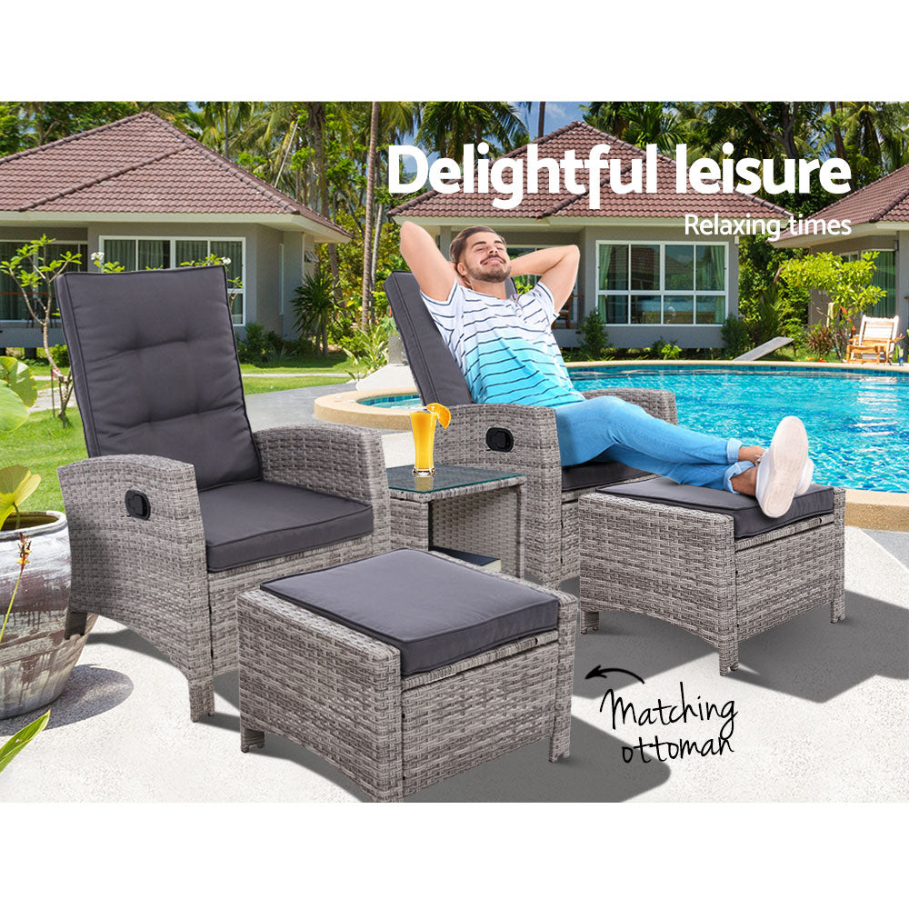 Pc Wicker Patio Recliner Armchair Ottoman Sun lounge Chair