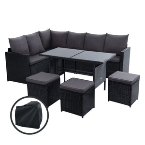z 9 Seater Outdoor Furniture Dining Setting Sofa Set Black Wicker Storage Cover - Dodosales