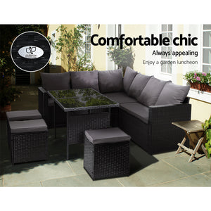 z 9 Seater Outdoor Furniture Dining Setting Sofa Set Black Wicker Storage Cover - Dodosales