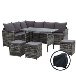z 9 Seater Outdoor Furniture Dining Setting Sofa Set Wicker Storage Cover Mixed Grey - Dodosales