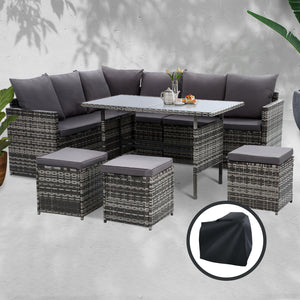 z 9 Seater Outdoor Furniture Dining Setting Sofa Set Wicker Storage Cover Mixed Grey - Dodosales