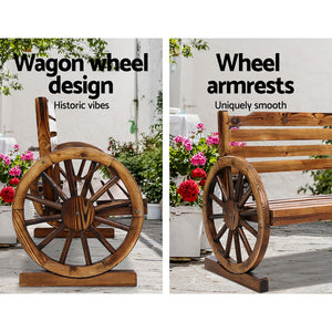 3 Seater Bench Garden Wooden Wagon Wheel Rustic With Horizontal Backrest Park Seat - Dodosales