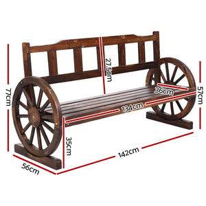 3 Seater Bench Garden Wooden Wagon Wheel Rustic With Vertical Backrest Park Seat - Dodosales