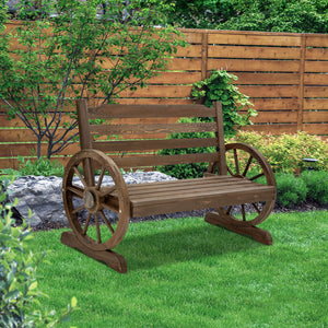 Garden Wooden Wagon Wheel Bench Rustic 2 Seater With Backrest Brown - Dodosales