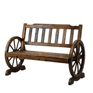 Garden Wooden Wagon Wheel Bench Rustic 2 Seater W/ Backrest Brown