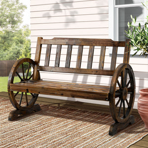 Garden Wooden Wagon Wheel Bench Rustic 2 Seater W/ Backrest Brown