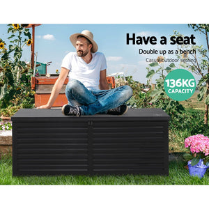 390L Outdoor Storage Box Bench Seat Toy Tool Shed Chest Rust Free Black - Dodosales