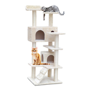Beige Cat Tree Scratching Post Sisal Pole Bed Cube Perch Climb Kitten Tower - Dodosales