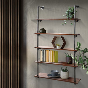 5 Level DIY Wooden Industrial Wall Pipe Shelf Rustic Floating Decor Bookshelf Shelving - Dodosales