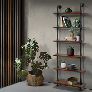 6 Level DIY Wooden Industrial Wall Pipe Shelf Rustic Floating Decor Bookshelf Shelving - Dodosales