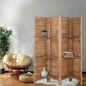 4 Panel Room Divider Privacy Screen With Shelves Folding Partition Home Office Brown - Dodosales