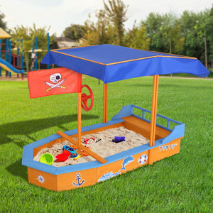 150cm Sandpit Boat Sand Pit With Canopy Cover Treated Timber Play Sand Pit Pirate Ship - Dodosales