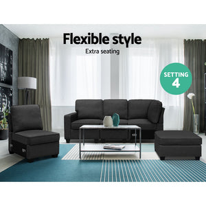 Sofa Lounge Set Couch Futon Corner Modular Chaise Fabric 5 Seater Suite Dark Grey - Dodosales